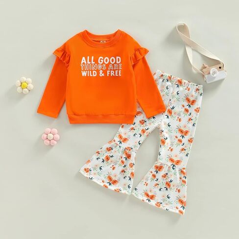 Madjtlqy Toddler Baby Girls Outfits Long/Short Sleeve Cartoon Cow Head Print Top & Flare Pants Set Kids Clothes in Kuwait