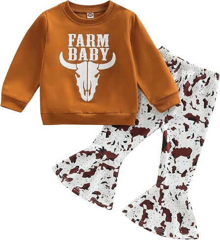 Madjtlqy Toddler Baby Girls Outfits Long/Short Sleeve Cartoon Cow Head Print Top & Flare Pants Set Kids Clothes in Kuwait