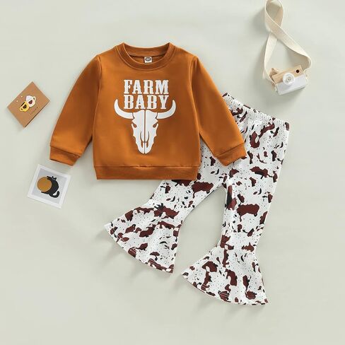 Madjtlqy Toddler Baby Girls Outfits Long/Short Sleeve Cartoon Cow Head Print Top & Flare Pants Set Kids Clothes in Kuwait