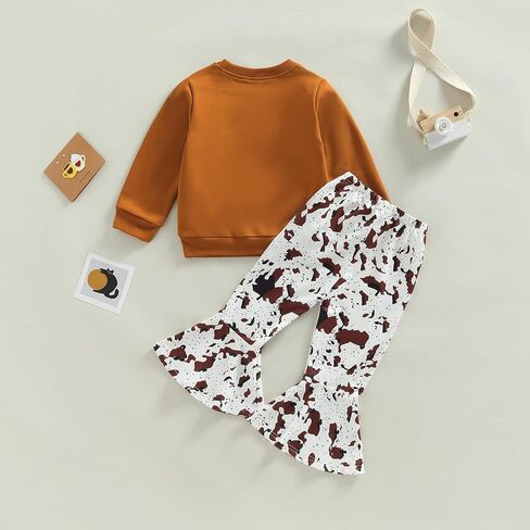 Madjtlqy Toddler Baby Girls Outfits Long/Short Sleeve Cartoon Cow Head Print Top & Flare Pants Set Kids Clothes in Kuwait