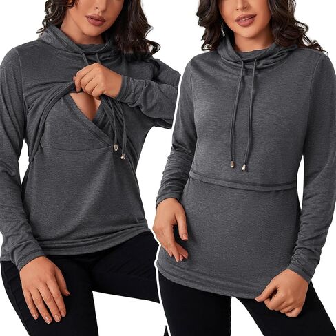 GINKANA Womens Nursing Tops Breastfeeding Sweatshirts Shirts Long Sleeve Drawstring Cowl Neck Nursing Tee Shirts Blouse in Kuwait