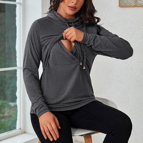 GINKANA Womens Nursing Tops Breastfeeding Sweatshirts Shirts Long Sleeve Drawstring Cowl Neck Nursing Tee Shirts Blouse in Kuwait