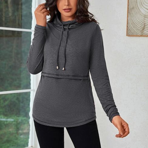 GINKANA Womens Nursing Tops Breastfeeding Sweatshirts Shirts Long Sleeve Drawstring Cowl Neck Nursing Tee Shirts Blouse in Kuwait