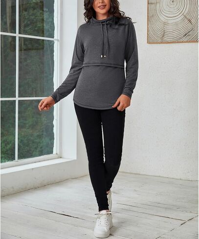 GINKANA Womens Nursing Tops Breastfeeding Sweatshirts Shirts Long Sleeve Drawstring Cowl Neck Nursing Tee Shirts Blouse in Kuwait