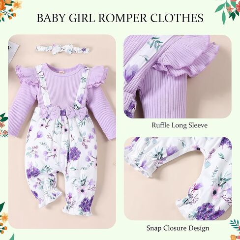 ملابس بناتي من ROSEBEAR بدلة رومبير لحديثي الولادة بأكمام قصيرة مكشكشة مزهّرة سروال بحمالات عقال ملابس صيفية للرضع in Saudi Arabia