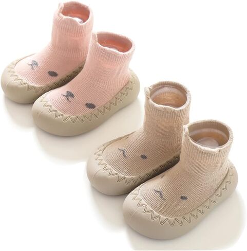 Toddler 2 Pairs Anti-Skid Socks Shoes Baby Boys Girls Rubber Sole Indoor First Walking Slippers in Kuwait