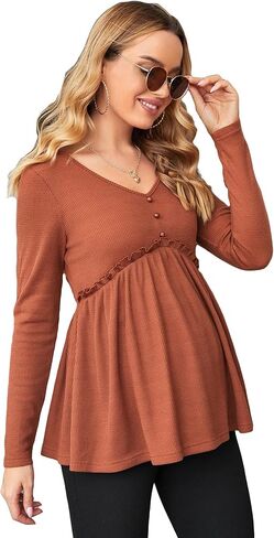 Cozyease Women's Frill Trim Rib Knit V Neck Maternity T Shirt Casual Long Sleeve Maternity Tee Top in Saudi Arabia