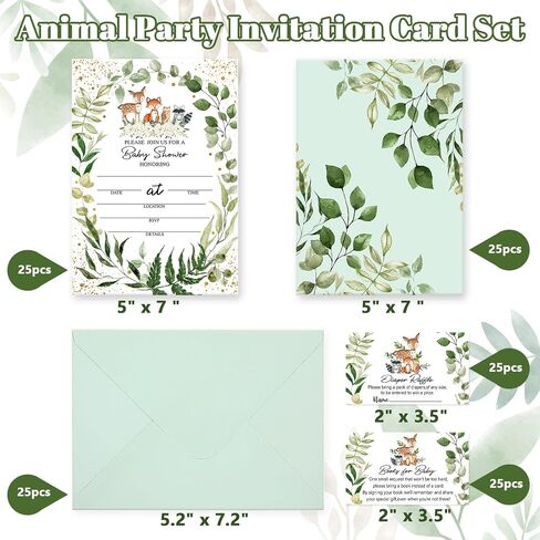 Whaline 25 حزمة من دعوات استحمام الطفل Woodlands Greenery، دعوات حفلات من رقائق الذهب على الوجهين مع تذاكر يانصيب الحفاضات، بطاقات طلب الكتاب، مغلفات لمستلزمات استحمام الطفل الصبي والبنات in Saudi Arabia