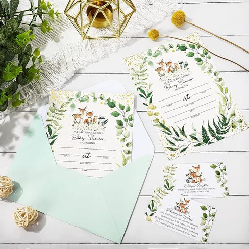 Whaline 25 حزمة من دعوات استحمام الطفل Woodlands Greenery، دعوات حفلات من رقائق الذهب على الوجهين مع تذاكر يانصيب الحفاضات، بطاقات طلب الكتاب، مغلفات لمستلزمات استحمام الطفل الصبي والبنات in Saudi Arabia