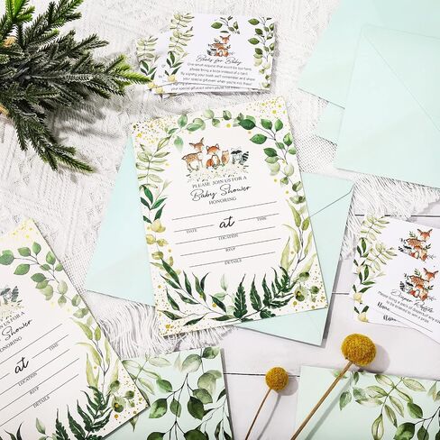Whaline 25 حزمة من دعوات استحمام الطفل Woodlands Greenery، دعوات حفلات من رقائق الذهب على الوجهين مع تذاكر يانصيب الحفاضات، بطاقات طلب الكتاب، مغلفات لمستلزمات استحمام الطفل الصبي والبنات in Saudi Arabia
