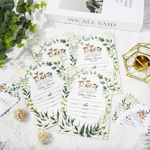 Whaline 25 حزمة من دعوات استحمام الطفل Woodlands Greenery، دعوات حفلات من رقائق الذهب على الوجهين مع تذاكر يانصيب الحفاضات، بطاقات طلب الكتاب، مغلفات لمستلزمات استحمام الطفل الصبي والبنات in Saudi Arabia