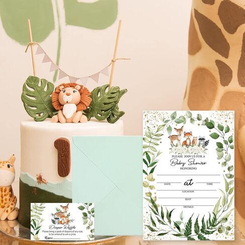 Whaline 25 حزمة من دعوات استحمام الطفل Woodlands Greenery، دعوات حفلات من رقائق الذهب على الوجهين مع تذاكر يانصيب الحفاضات، بطاقات طلب الكتاب، مغلفات لمستلزمات استحمام الطفل الصبي والبنات in Saudi Arabia