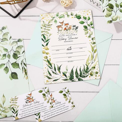 Whaline 25 حزمة من دعوات استحمام الطفل Woodlands Greenery، دعوات حفلات من رقائق الذهب على الوجهين مع تذاكر يانصيب الحفاضات، بطاقات طلب الكتاب، مغلفات لمستلزمات استحمام الطفل الصبي والبنات in Saudi Arabia