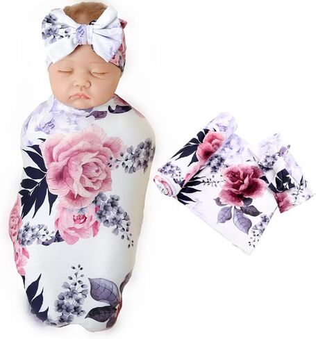 Galabloomer Newborn Receiving Blanket Headband Set Baby Swaddle Mother and Baby (Aqua White Flower) in Saudi Arabia