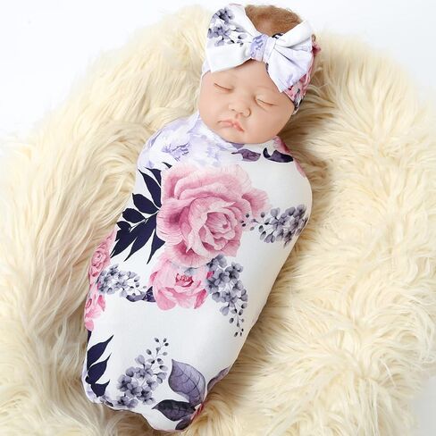 Galabloomer Newborn Receiving Blanket Headband Set Baby Swaddle Mother and Baby (Aqua White Flower) in Saudi Arabia