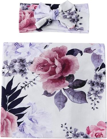 Galabloomer Newborn Receiving Blanket Headband Set Baby Swaddle Mother and Baby (Aqua White Flower) in Saudi Arabia
