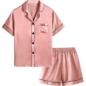 SWOMOG Kids Silky Satin Pajamas Set Girls Boys Button-Down Sleepwear Short Sleeve 2 Piece PJs Sets Lounge Sets in Saudi Arabia