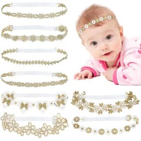 Cinaci 8 Pack Gold Delicate Flower Butterfly Leaf Stretchy Lace Headbands Baby Baptism Shower Christening Photo Props Hair Accessories for Baby Girls Infants Toddlers Kids (Gold-8 Pack)