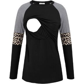 Smallshow Women's Nursing Shirt Top Leopard Block Patchwork Breastfeeding Clothes