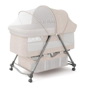 67i Baby Bassinet Portable Folding Rocking Bedside Bassinet Crib for Baby Bassinets Bedside Sleeper on Wheels with Mosquito Nets Newborn Infant Toddler Bassinet with Storage Basket (Deep Khaki) in Kuwait