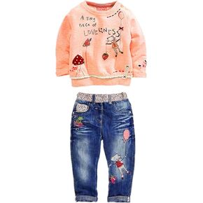 MAXIMGR Baby Girl Clothes Toddler Girl Outfits Long Sleeve Cartoon Pullover Shirt Denim Pants Clothing Set Fall Winter Outfit