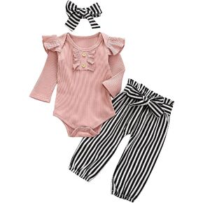 ADXSUN Newborn Baby Girl Clothes Ribbed Ruffled Romper+Striped/Cow/Leopard Flared Pants Infant Outifts 0-18 Months
