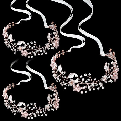 3 Pcs Wedding Flower Girl Headpiece Flower Girl Hair Accessory Flower Crown Princess Headband Alloy Floral Girls Tiara Rhinestone Pearl Headband for Baby Toddler Communion Prom Photography (Rose Gold) in Saudi Arabia