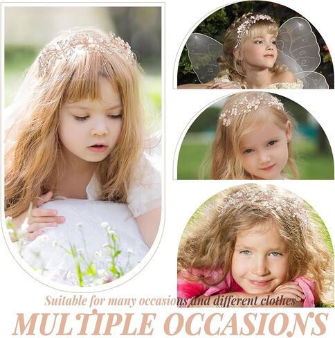 3 Pcs Wedding Flower Girl Headpiece Flower Girl Hair Accessory Flower Crown Princess Headband Alloy Floral Girls Tiara Rhinestone Pearl Headband for Baby Toddler Communion Prom Photography (Rose Gold) in Saudi Arabia