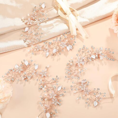 3 Pcs Wedding Flower Girl Headpiece Flower Girl Hair Accessory Flower Crown Princess Headband Alloy Floral Girls Tiara Rhinestone Pearl Headband for Baby Toddler Communion Prom Photography (Rose Gold) in Saudi Arabia