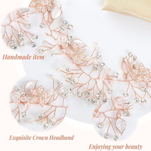 3 Pcs Wedding Flower Girl Headpiece Flower Girl Hair Accessory Flower Crown Princess Headband Alloy Floral Girls Tiara Rhinestone Pearl Headband for Baby Toddler Communion Prom Photography (Rose Gold) in Saudi Arabia