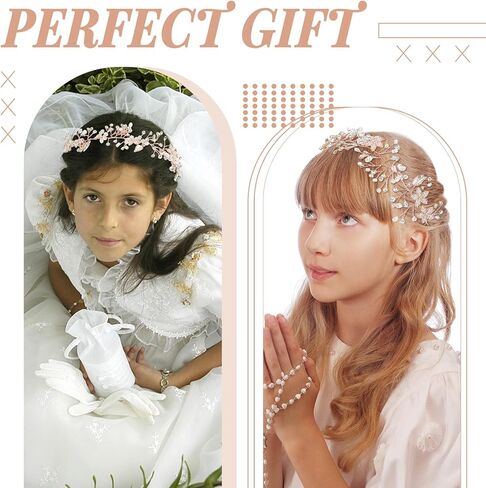 3 Pcs Wedding Flower Girl Headpiece Flower Girl Hair Accessory Flower Crown Princess Headband Alloy Floral Girls Tiara Rhinestone Pearl Headband for Baby Toddler Communion Prom Photography (Rose Gold) in Saudi Arabia