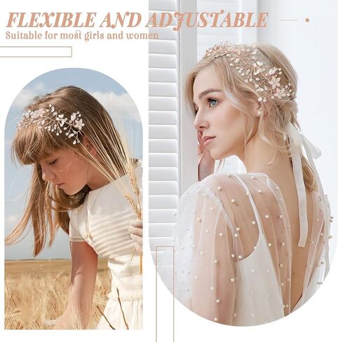3 Pcs Wedding Flower Girl Headpiece Flower Girl Hair Accessory Flower Crown Princess Headband Alloy Floral Girls Tiara Rhinestone Pearl Headband for Baby Toddler Communion Prom Photography (Rose Gold) in Saudi Arabia