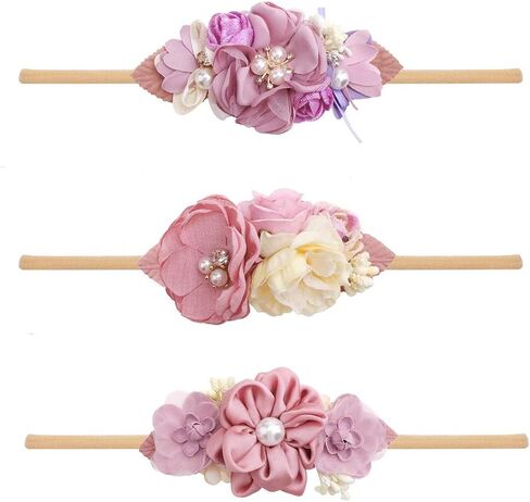 Baby Girl Bows Floral Headbands Set - 3pcs Flower Crown Elastic Hairband Newborn Toddler Hair Accessories Gifts for Girls （1-6 years old） in Kuwait