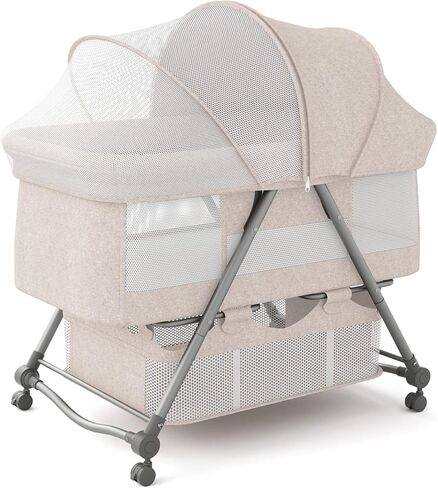 67i Baby Bassinet Portable Folding Rocking Bedside Bassinet Crib for Baby Bassinets Bedside Sleeper on Wheels with Mosquito Nets Newborn Infant Toddler Bassinet with Storage Basket (Deep Khaki) in Kuwait