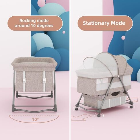 67i Baby Bassinet Portable Folding Rocking Bedside Bassinet Crib for Baby Bassinets Bedside Sleeper on Wheels with Mosquito Nets Newborn Infant Toddler Bassinet with Storage Basket (Deep Khaki) in Kuwait