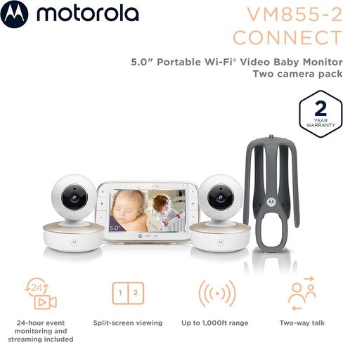 Motorola Baby Monitor VM855-2 - Indoor 2-Camera Video with Crib Mount - HD 720p, Connects to Phone App, 1000ft Range, 2-Way Audio, Split-Screen, Digital Pan-Tilt-Zoom, Room Temp Monitoring, Music in Kuwait