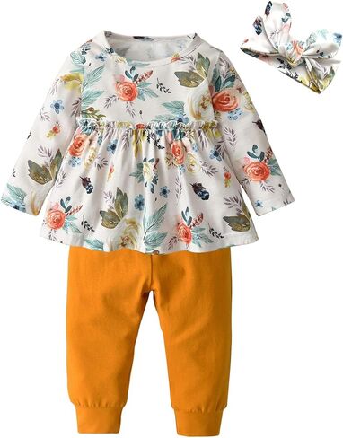 3PCS Baby Girl Clothes Ruffle Floral Shirt Tops Pants Headband Outfit Sets in Saudi Arabia