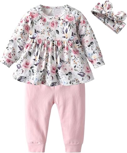 3PCS Baby Girl Clothes Ruffle Floral Shirt Tops Pants Headband Outfit Sets in Saudi Arabia