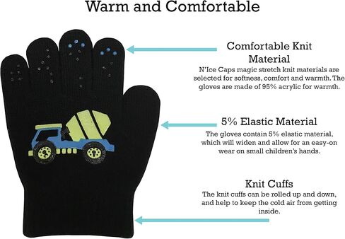 N'Ice Caps Kids Magic Stretch Gloves Mitten 3 Pairs Toddler Winter | Stretchy 5% Elastic Material for Boys and Girls Easy-On Fit, 95% Acrylic Fabric Provides Warmth in Cold Weather and Snow-Play in Saudi Arabia