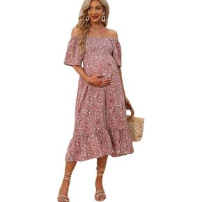 Women's Summer Dress Floral Square Neck Midi Dresses Maternity Dress Casual A-Line Dress Long Flowy Smocked Dress
