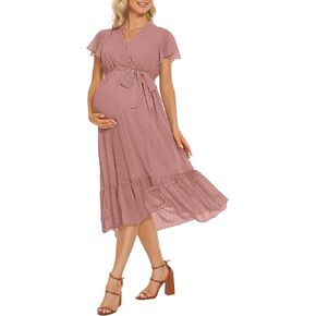 Faux Wrap Swiss Dot Maternity Dress with Belt/Ruffle Sleeve Midi Dress Baby Shower Casual Summer