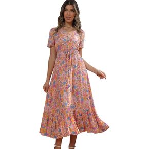 فستان نسائي طويل بوهيمي زهري كاجوال بأزرار سفلية للصيف فضفاض وخصر إمبراطوري فستان متأرجح عتيق in Kuwait