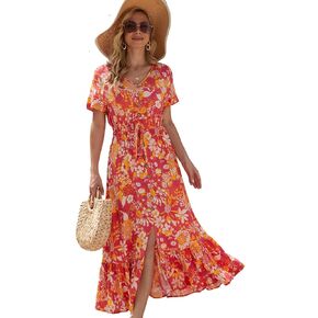 Women's Floral Bohemian Maxi Dress Casual Button Down Flowy Summer Empire Waist Vintage Swing Dress