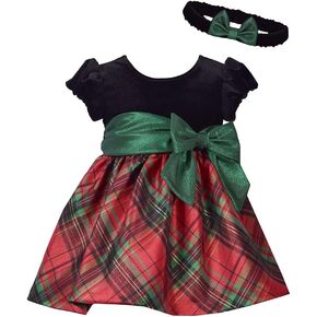 Bonnie Jean Holiday Christmas Dress - Classic Plaid with Velvet with Hair Accessories in Saudi Arabia