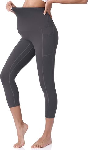 POSHDIVAH Maternity Capri Leggings with Pockets Pregnancy Workout Pants | Over The Belly, Soft Stretch, Breathable, High Rise, No Front Seam, Yoga, Active Wear, Postpartum in Saudi Arabia