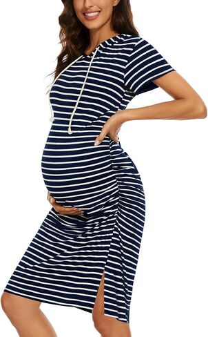 Women's Maternity Hoodie Dress Short Sleeve Split Side Ruched Pregnancy Clothes in Saudi Arabia