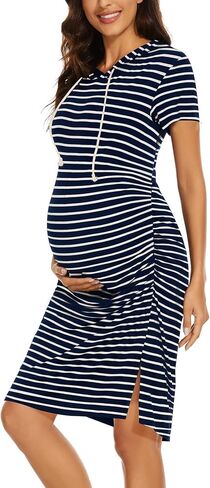 Women's Maternity Hoodie Dress Short Sleeve Split Side Ruched Pregnancy Clothes in Saudi Arabia