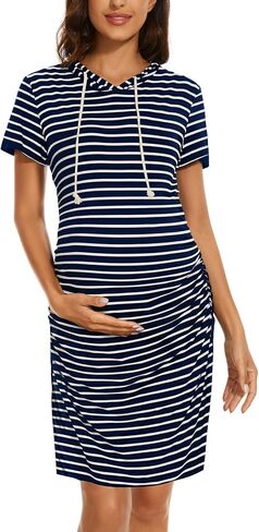 Women's Maternity Hoodie Dress Short Sleeve Split Side Ruched Pregnancy Clothes in Saudi Arabia