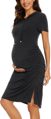 Women's Maternity Hoodie Dress Short Sleeve Split Side Ruched Pregnancy Clothes in Saudi Arabia
