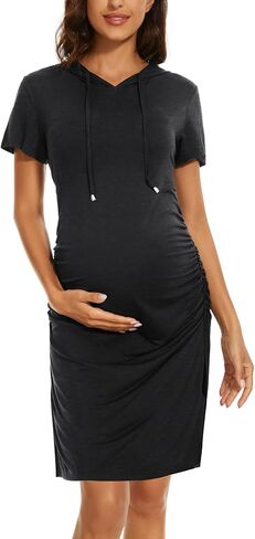 Women's Maternity Hoodie Dress Short Sleeve Split Side Ruched Pregnancy Clothes in Saudi Arabia